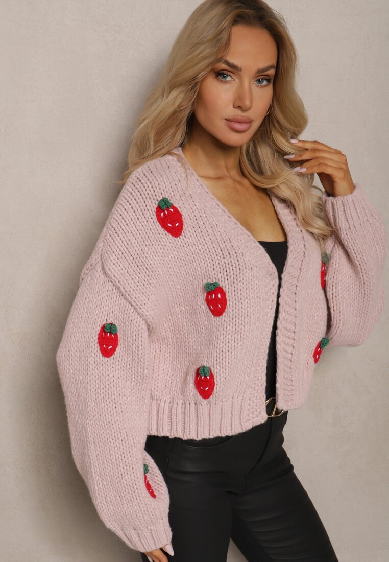 acajo Cardigan Scurt Roz Fără Închidere Decorat cu Aplicații cu Căpșuni Invalina