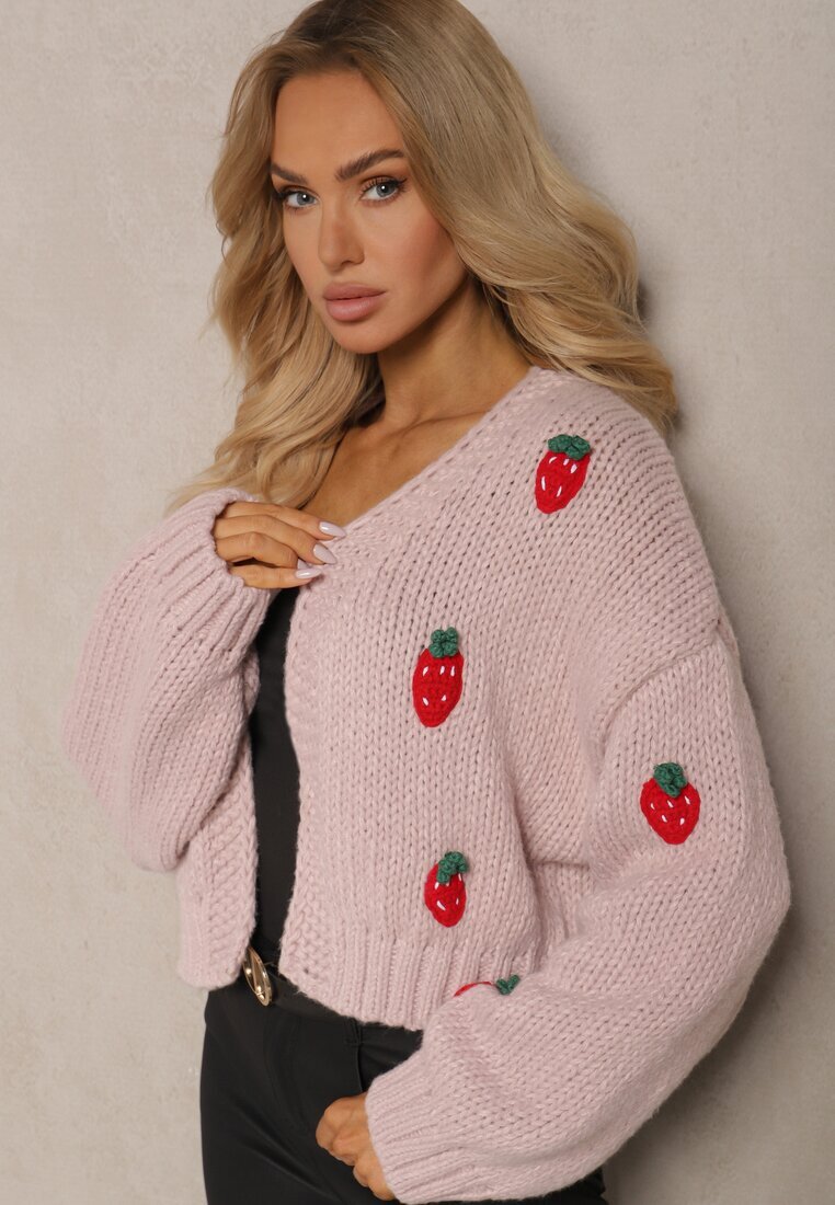 acajo Cardigan Scurt Roz Fără Închidere Decorat cu Aplicații cu Căpșuni Invalina