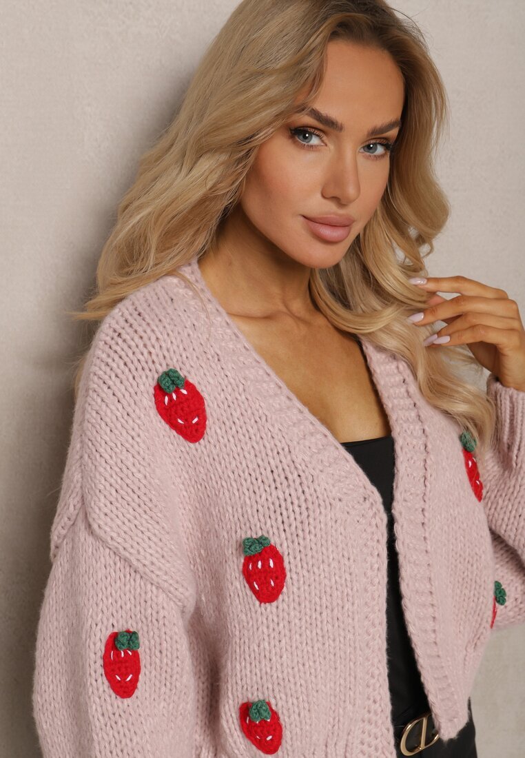 acajo Cardigan Scurt Roz Fără Închidere Decorat cu Aplicații cu Căpșuni Invalina