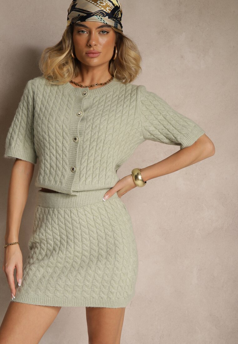 acajo Cardigan Verde deschis cu Lână și nasturi decorativi și relief Halanira