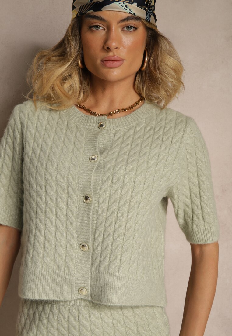 acajo Cardigan Verde deschis cu Lână și nasturi decorativi și relief Halanira
