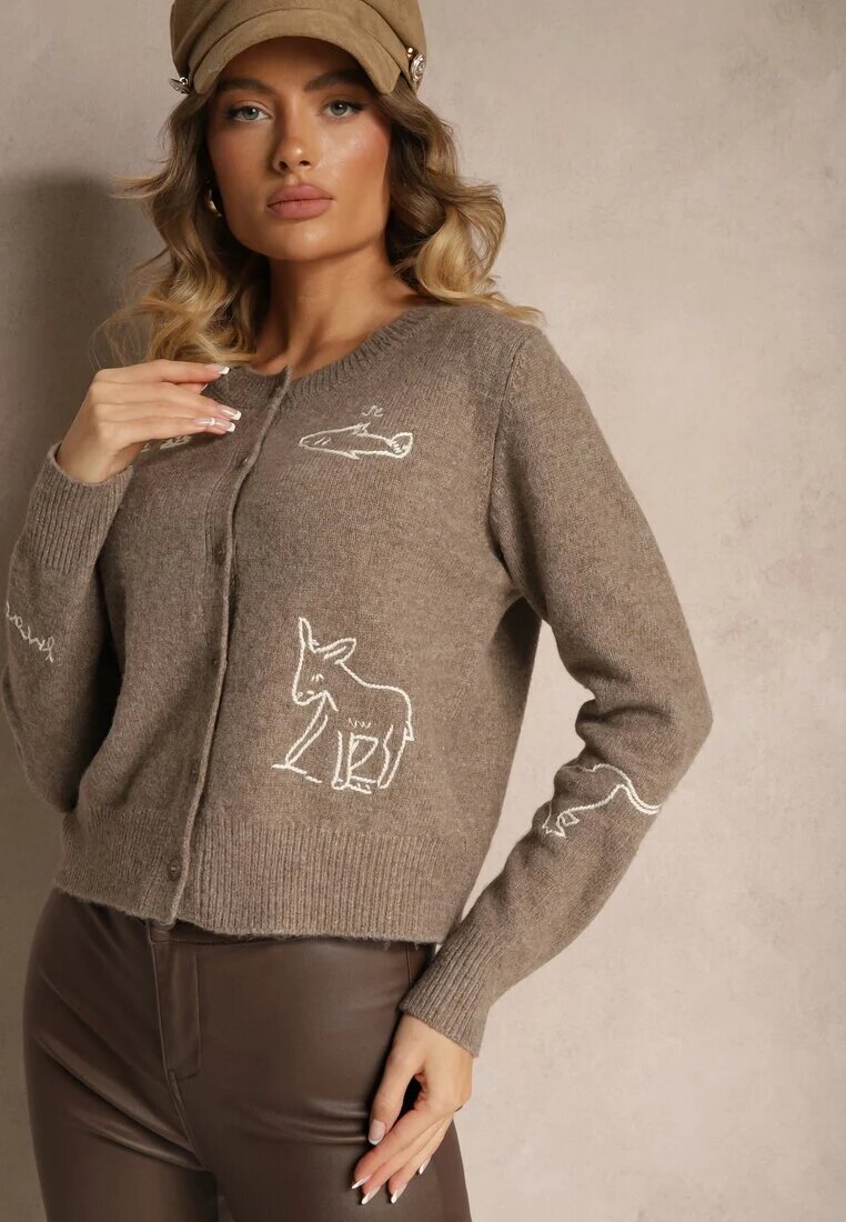 acajo Kardigan Bej închis cu lână cu nasturi cu model brodat Nelyra