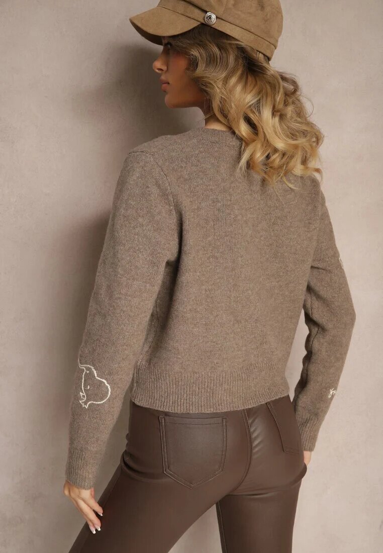 acajo Kardigan Bej închis cu lână cu nasturi cu model brodat Nelyra
