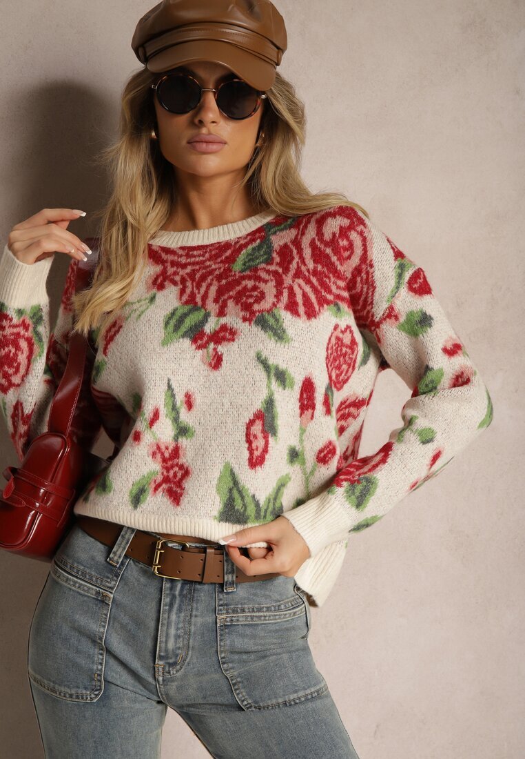acajo Pulover bej deschis croi larg cu model rustic floral cusut cu fir metalic Saverae