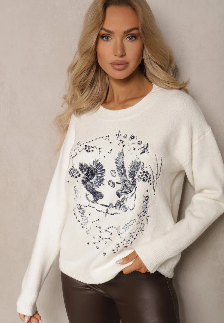 acajo Pulover Bej deschis Decorat cu Model brodat cu Păsări Inarielle