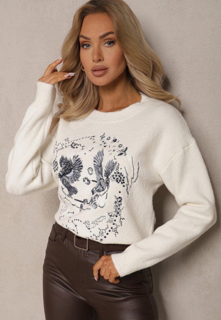 acajo Pulover Bej deschis Decorat cu Model brodat cu Păsări Inarielle