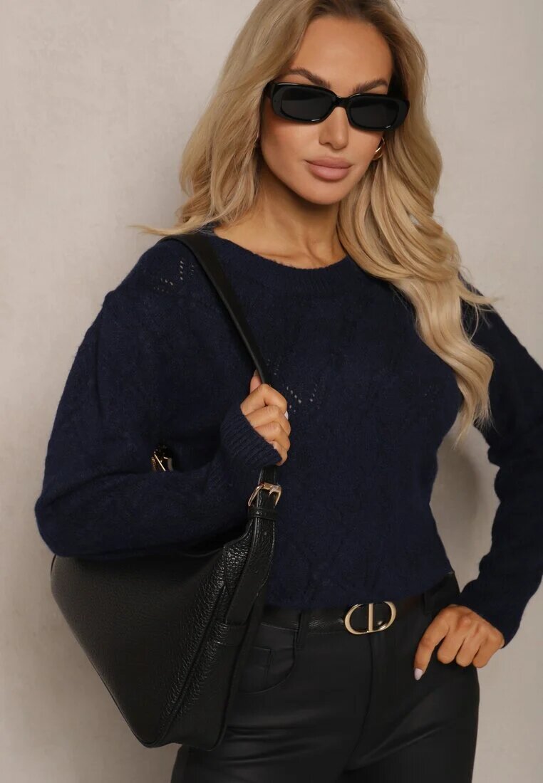 acajo Pulover Bleumarin în stil Clasic cu Model în Relief Deriel