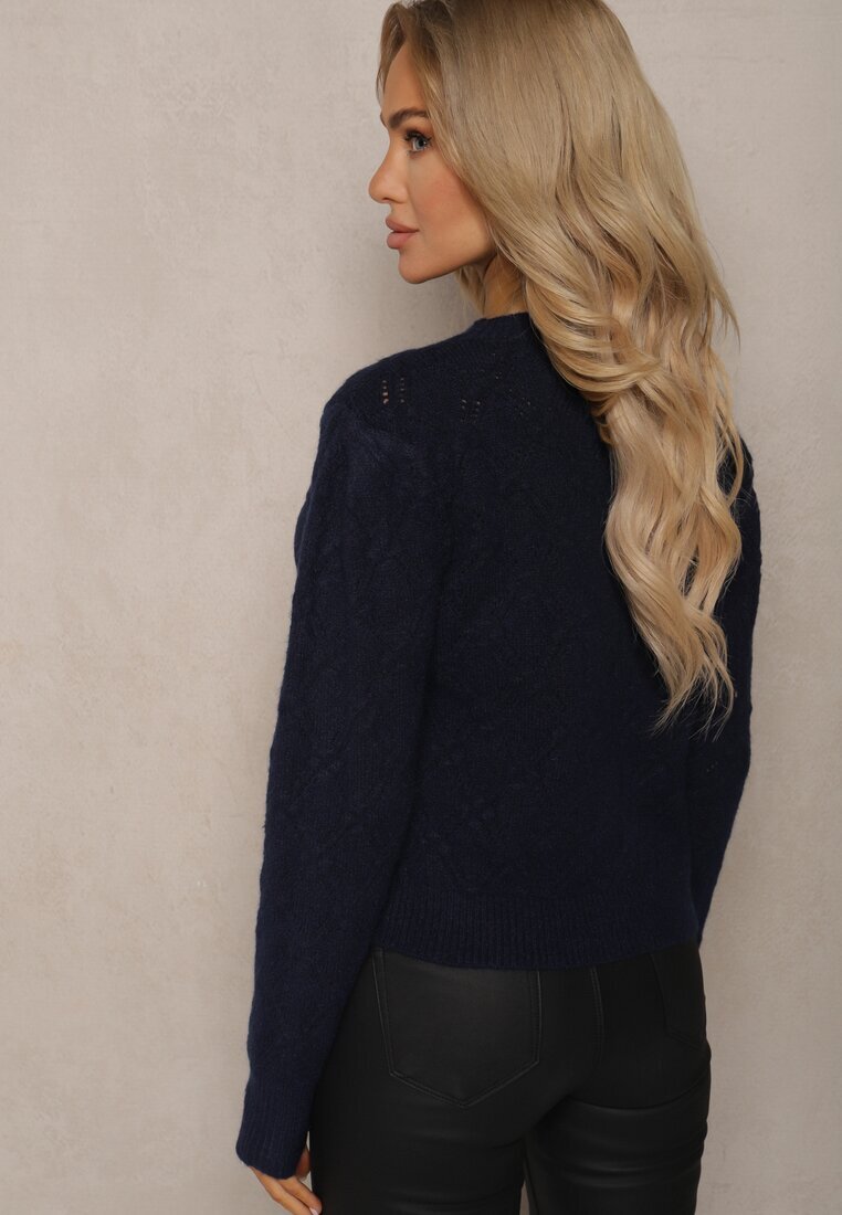acajo Pulover Bleumarin în stil Clasic cu Model în Relief Deriel