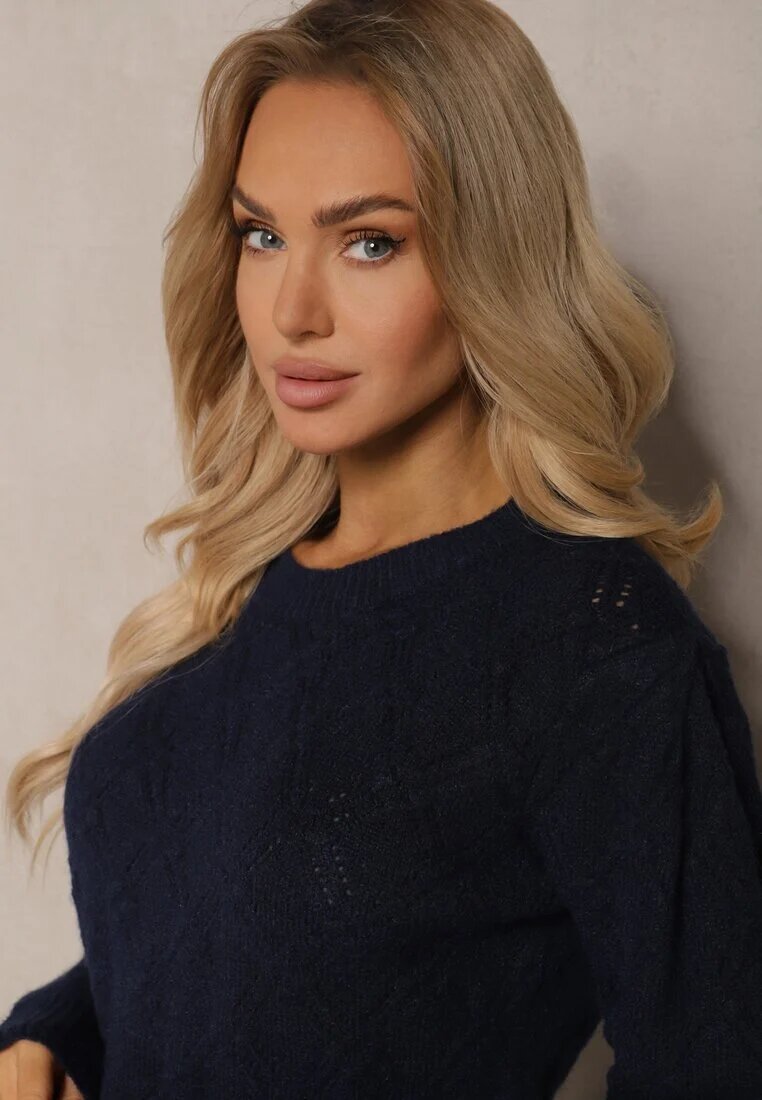 acajo Pulover Bleumarin în stil Clasic cu Model în Relief Deriel