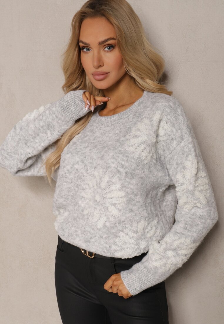 acajo Pulover Clasic Gri deschis din Lână cu Model Decorativ cu Flori Mari Inalissea