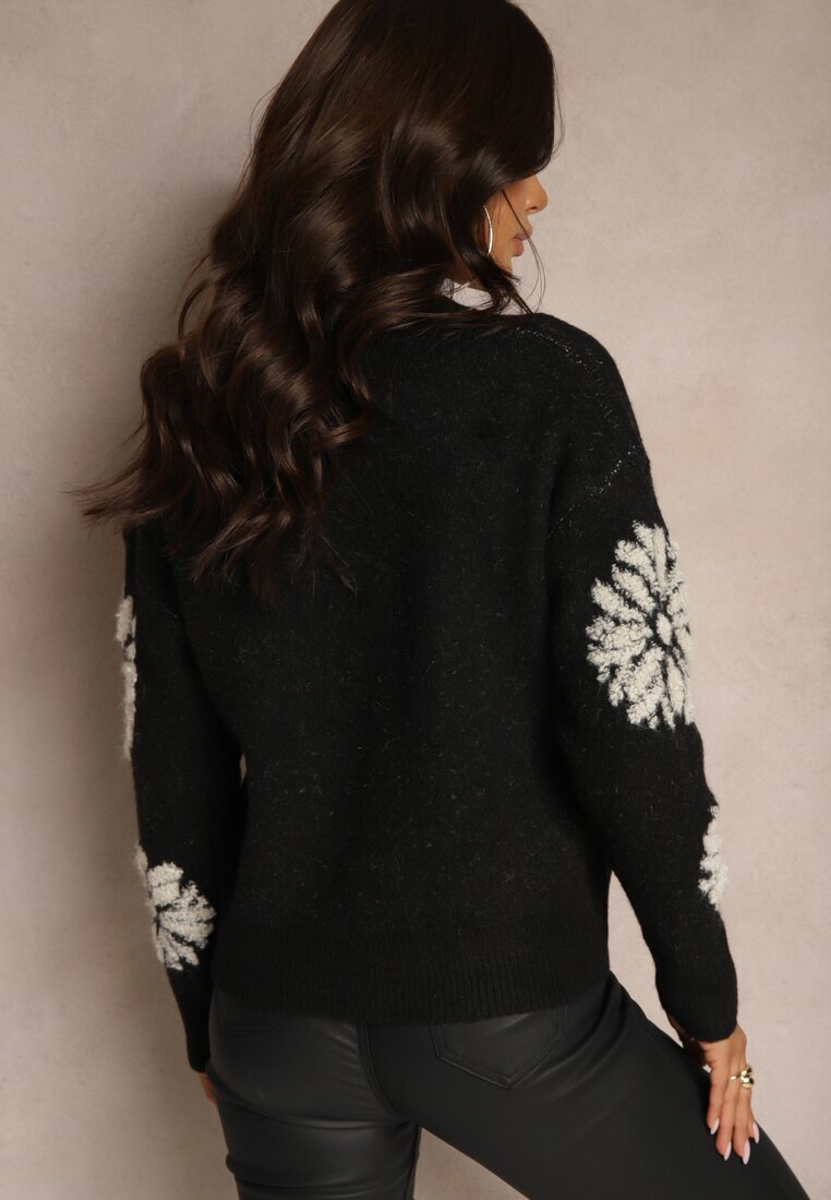 acajo Pulover Clasic Negru din Lână cu Model Decorativ cu Flori Mari Inalissea