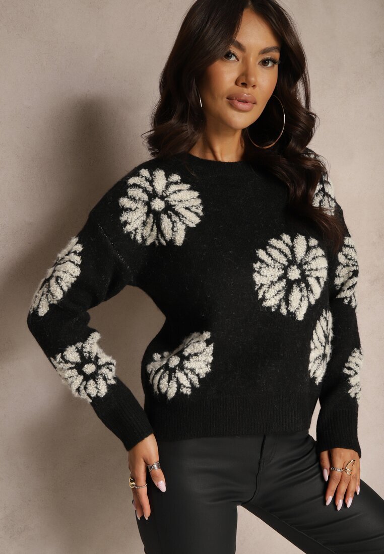 acajo Pulover Clasic Negru din Lână cu Model Decorativ cu Flori Mari Inalissea
