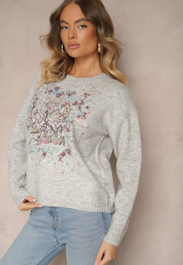 acajo Pulover Gri deschis cu Broderie Colorată în față Inavessa