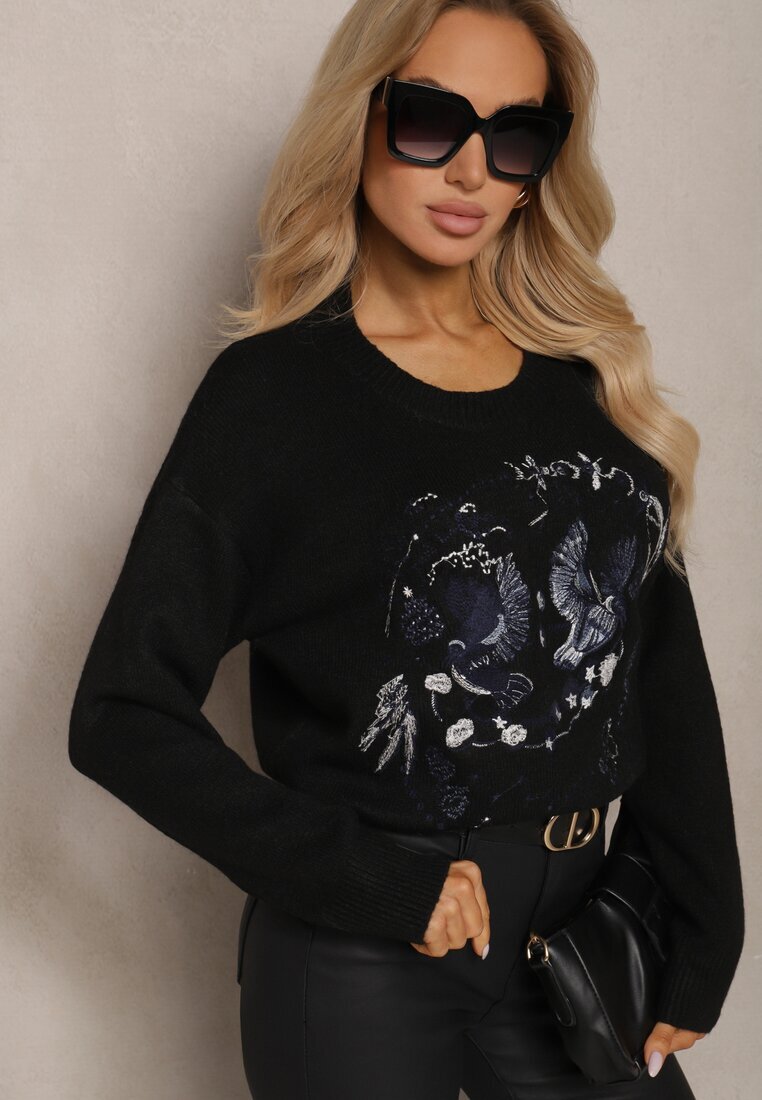 acajo Pulover Negru Decorat cu Model Brodat cu Păsări Inarielle
