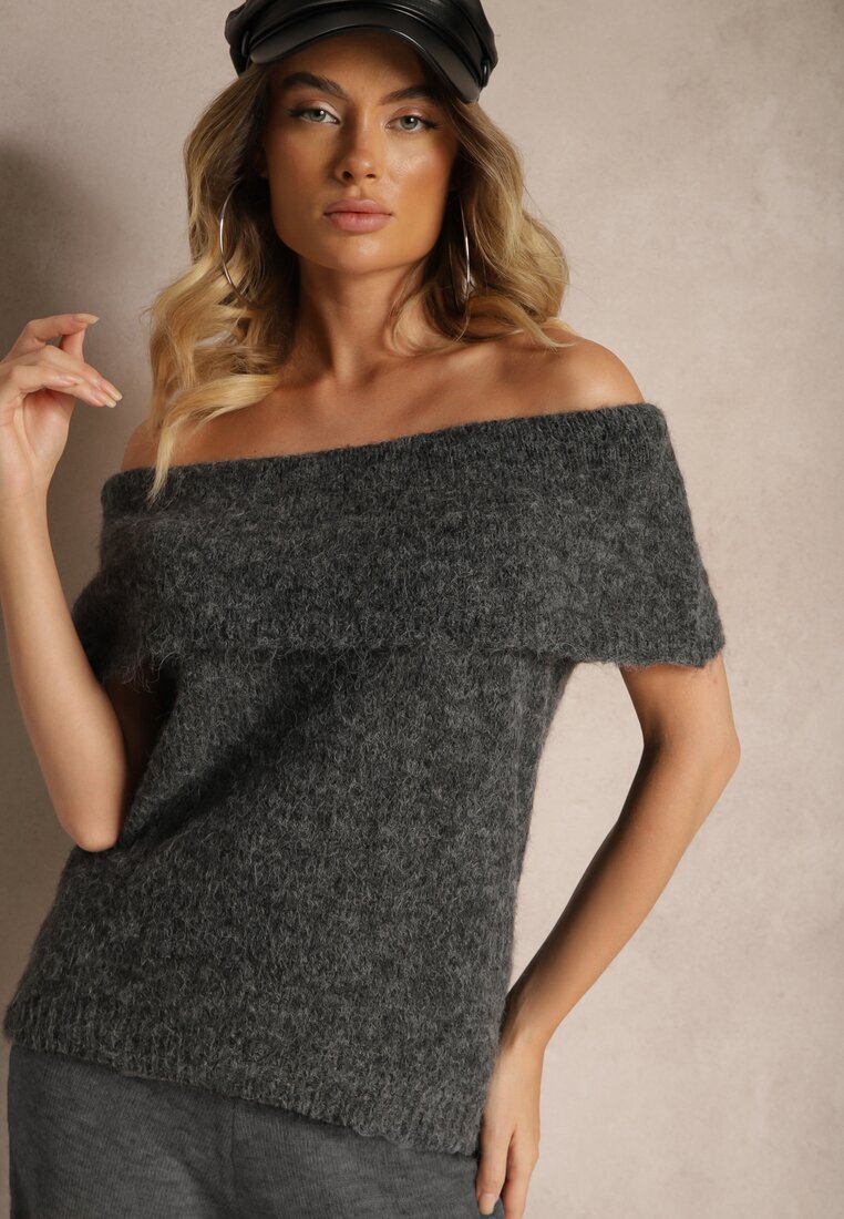 acajo Pulover Top Gri închis cu decolteu tip Bardot cu lână Inarose