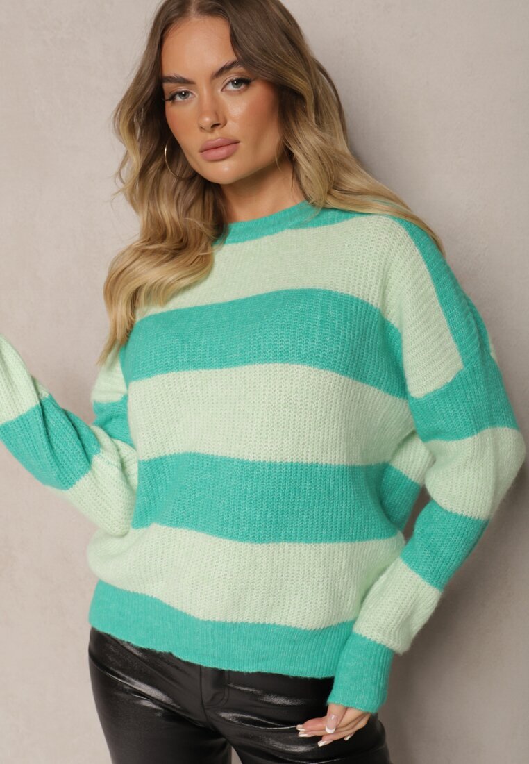 acajo Pulover Verde cu borduri reiate decorat cu benzi cu lână Tiarosea