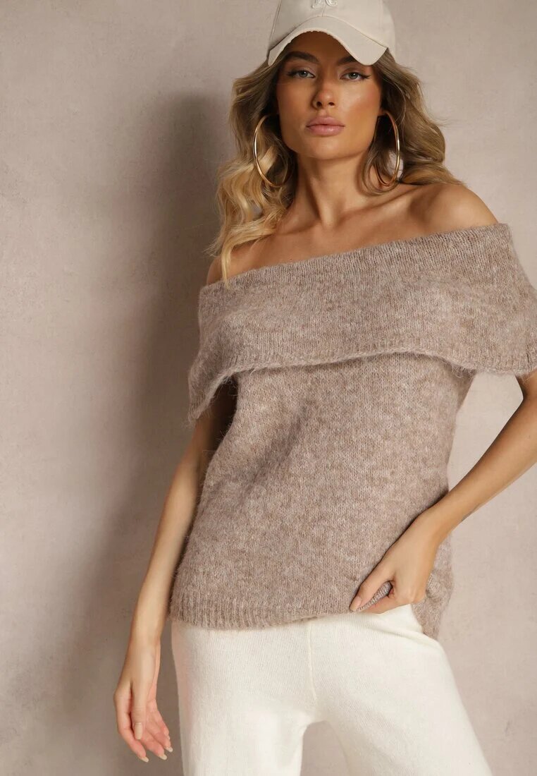 acajo Top pulover Bej cu decolte tip Carmen cu lână Inarose