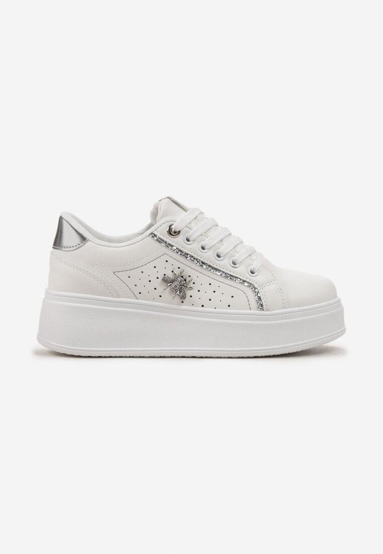  Adidași Alb-Argintiu cu Talpă Groasă cu Decor Brocart Pirola