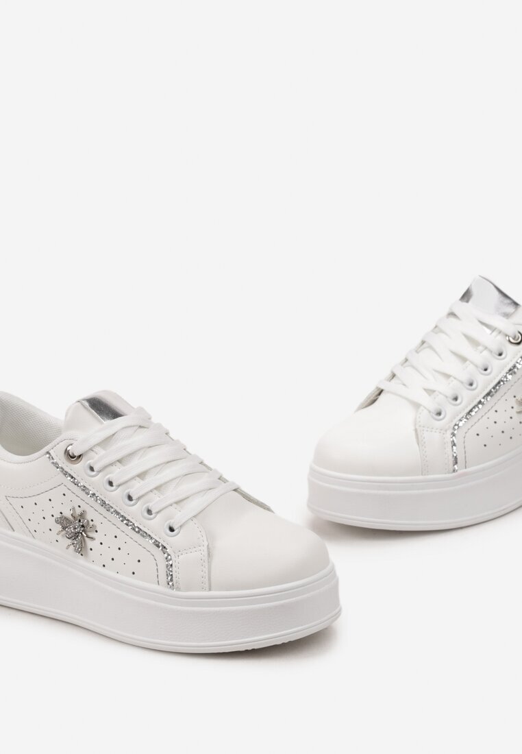  Adidași Alb-Argintiu cu Talpă Groasă cu Decor Brocart Pirola