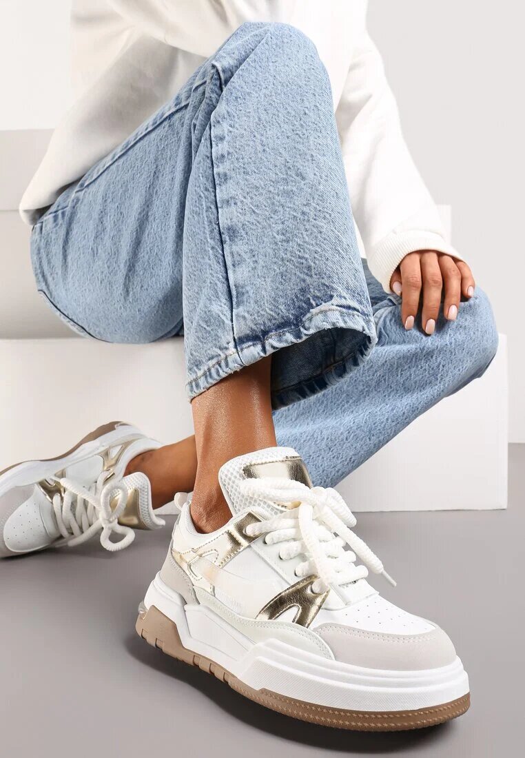  Adidași Alb-Auriu Plati Casual cu Șireturi și Element Transparent la Spate Gamarie