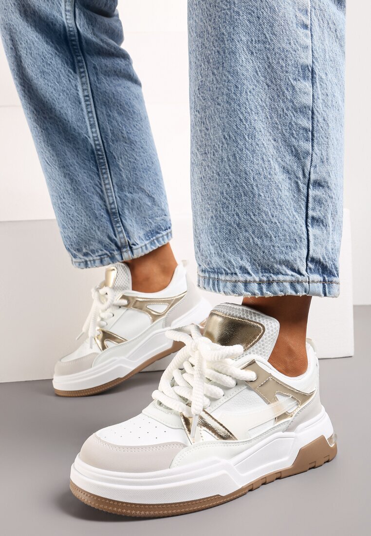 Adidași Alb-Auriu Plati Casual cu Șireturi și Element Transparent la Spate Gamarie