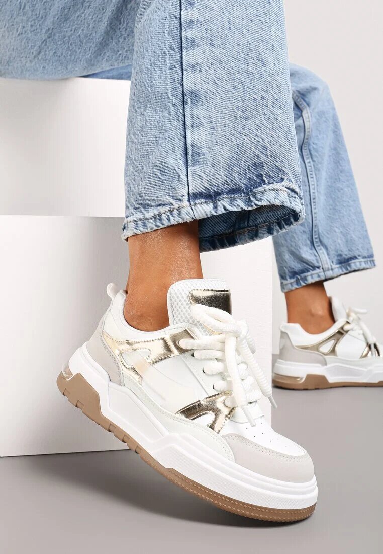  Adidași Alb-Auriu Plati Casual cu Șireturi și Element Transparent la Spate Gamarie