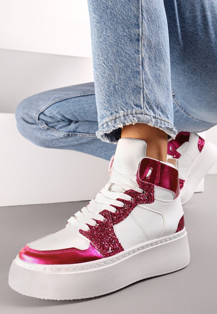  Adidași Alb-Fucsia cu șireturi înalți cu sclipici și inserții metalice Sareena
