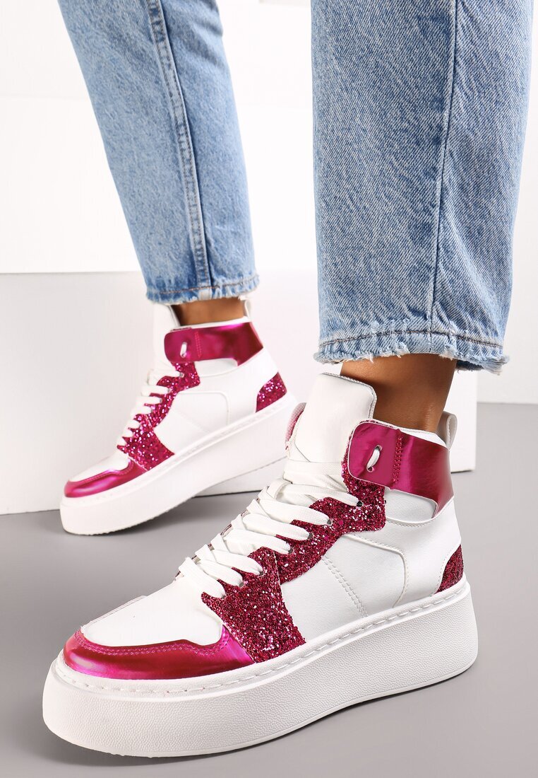  Adidași Alb-Fucsia cu șireturi înalți cu sclipici și inserții metalice Sareena