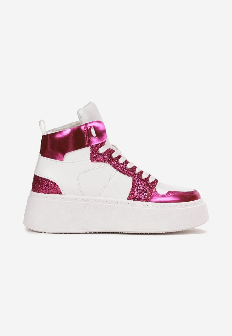  Adidași Alb-Fucsia cu șireturi înalți cu sclipici și inserții metalice Sareena