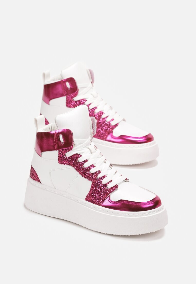  Adidași Alb-Fucsia cu șireturi înalți cu sclipici și inserții metalice Sareena