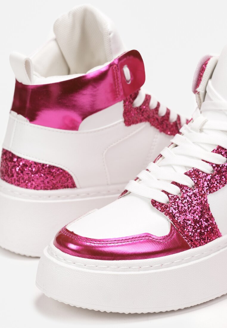  Adidași Alb-Fucsia cu șireturi înalți cu sclipici și inserții metalice Sareena