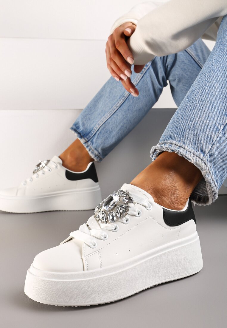  Adidași Alb-Negru cu Talpă Groasă cu Aplicație Decorativă de Piatră Danthia