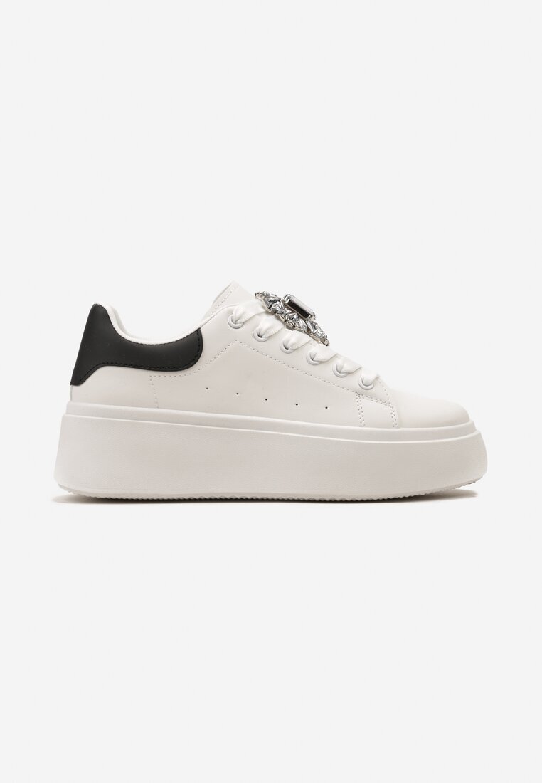  Adidași Alb-Negru cu Talpă Groasă cu Aplicație Decorativă de Piatră Danthia