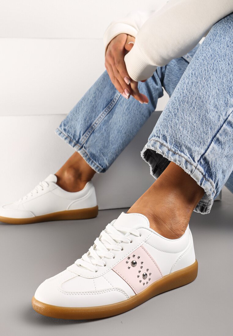  Adidași Alb-Roz cu talpă plată cu șireturi și inserție decorativă Drukesti