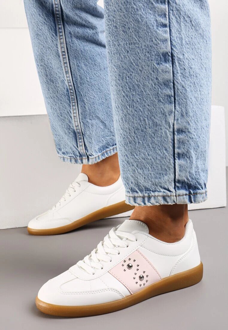  Adidași Alb-Roz cu talpă plată cu șireturi și inserție decorativă Drukesti