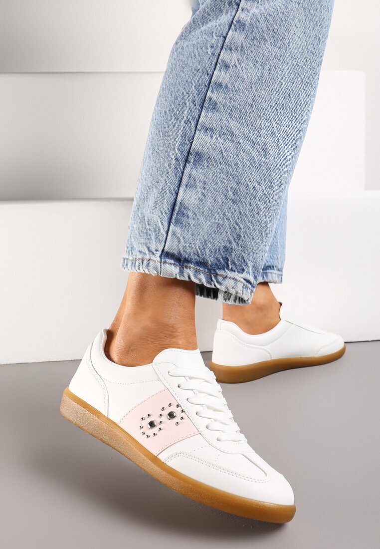  Adidași Alb-Roz cu talpă plată cu șireturi și inserție decorativă Drukesti