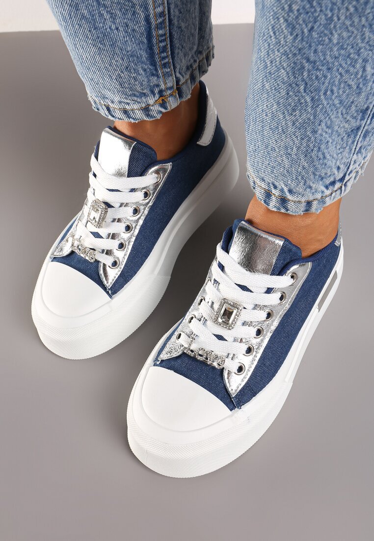 Adidași Albaștri Casual pe Platformă decorați cu Zirconii și Inserții Metalice Primaria