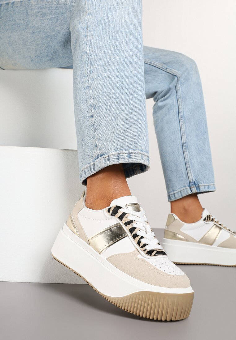 Adidași Albi-Bej cu Platformă cu Ornament Metalic și Imprimeu Zebră Fonarien