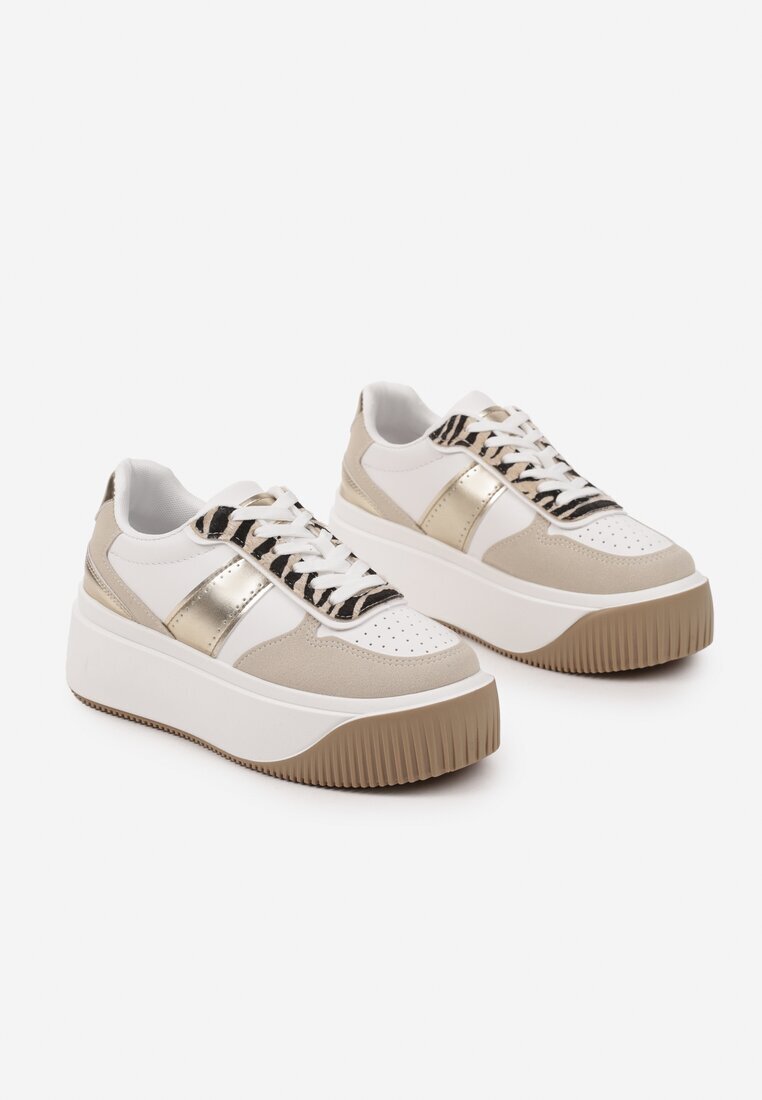  Adidași Albi-Bej cu Platformă cu Ornament Metalic și Imprimeu Zebră Fonarien