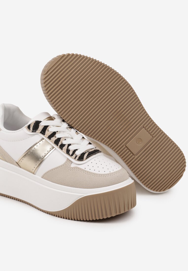  Adidași Albi-Bej cu Platformă cu Ornament Metalic și Imprimeu Zebră Fonarien