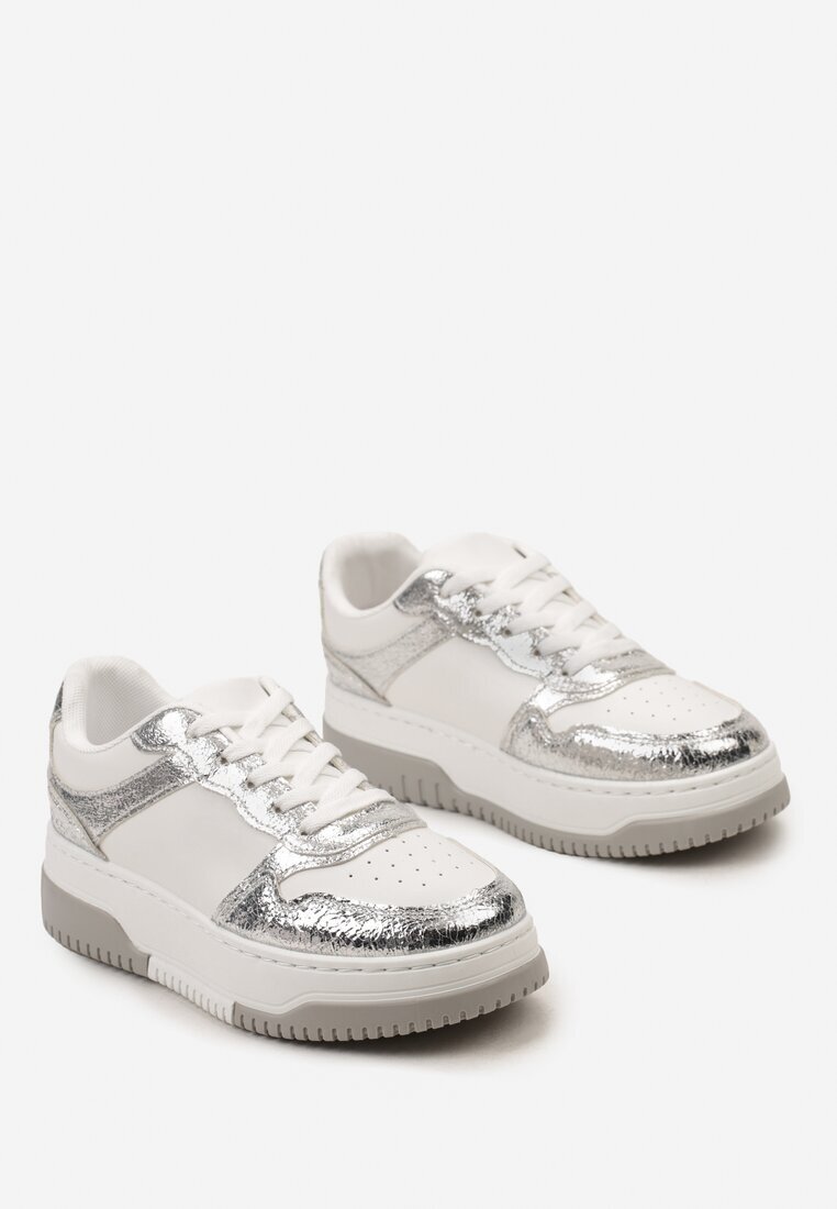  Adidași Argintiu-Alb pe Platformă Joasă cu Cusături Decorative Huviena