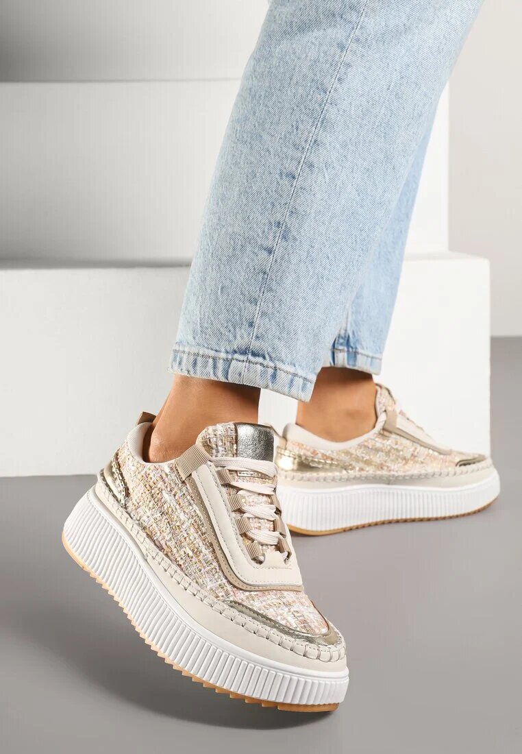  Adidași Bej închis cu ornamente din tweed și cusături pe platformă Ulandrelia