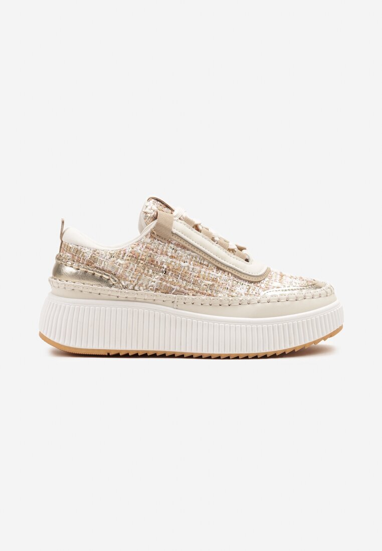  Adidași Bej închis cu ornamente din tweed și cusături pe platformă Ulandrelia