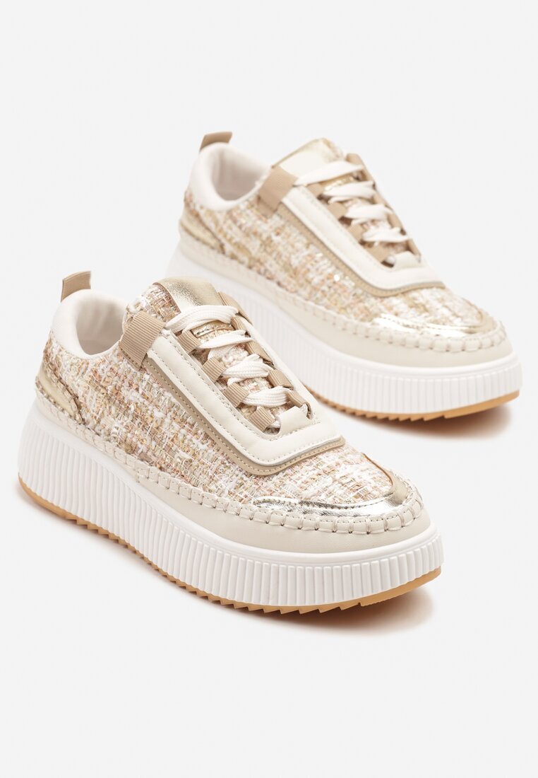 Adidași Bej închis cu ornamente din tweed și cusături pe platformă Ulandrelia
