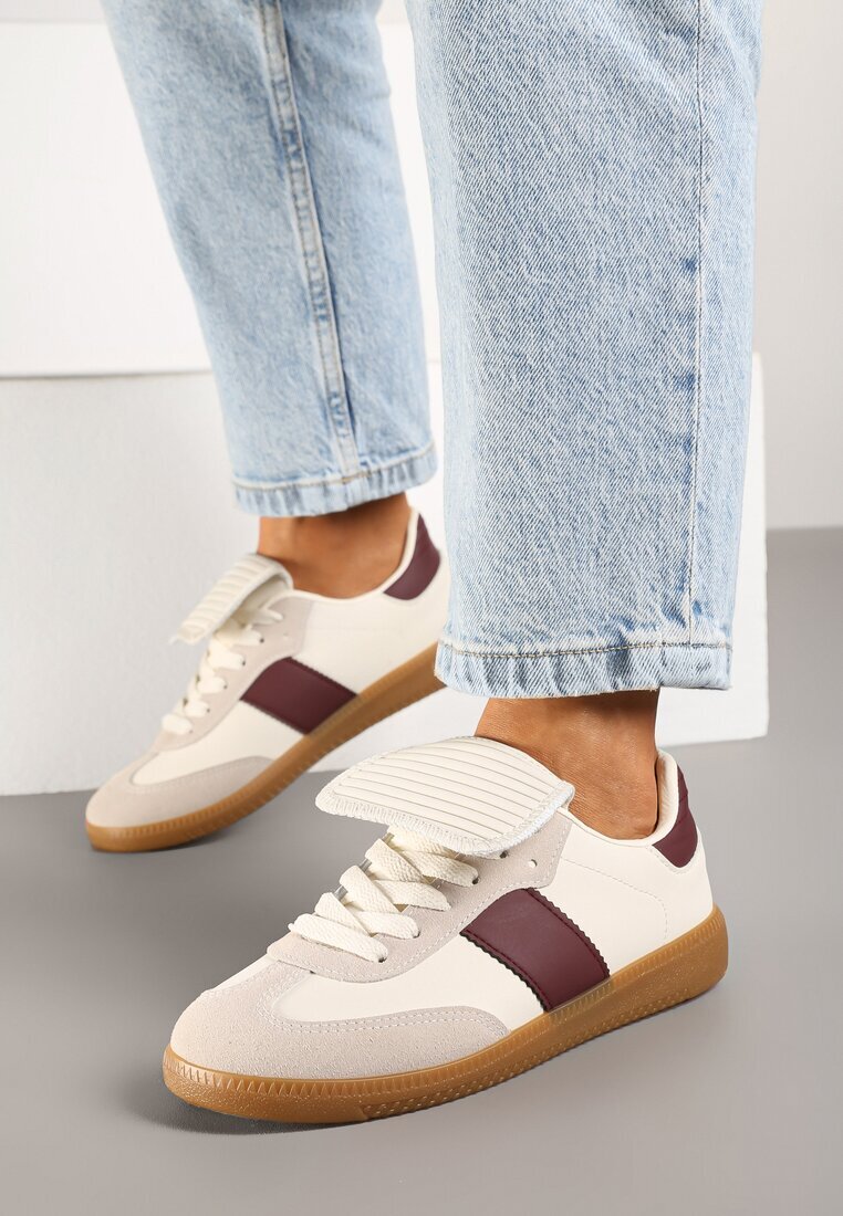  Adidași bej și bordo cu șireturi plați cu model geometric Felilva
