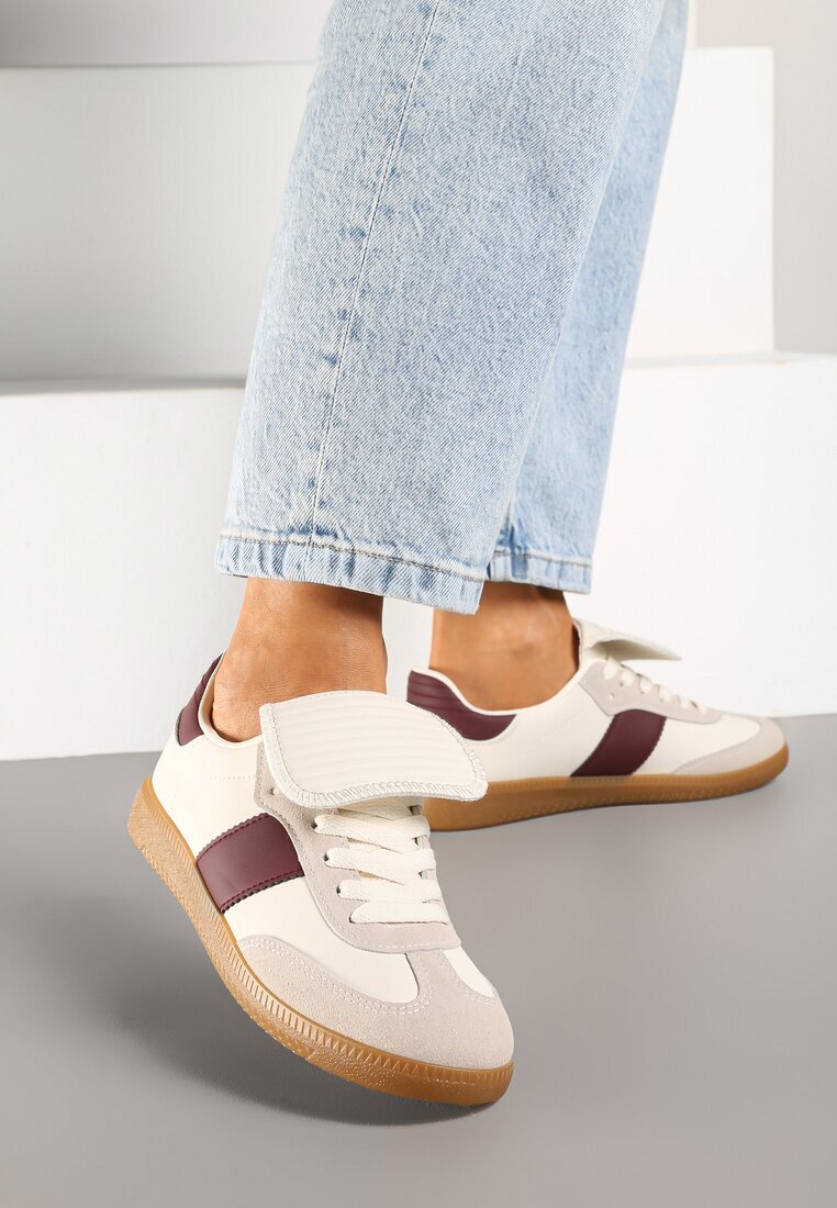  Adidași bej și bordo cu șireturi plați cu model geometric Felilva
