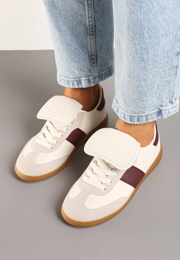  Adidași bej și bordo cu șireturi plați cu model geometric Felilva