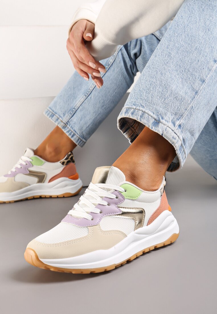  Adidași bej și mov cu talpă plată cu șireturi și inserții textile Haretta