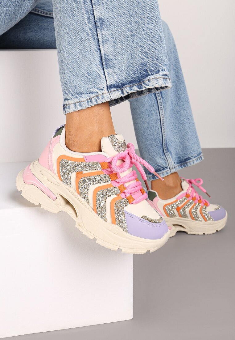  Adidași bej și violet cu șireturi cu platformă decorați cu sclipici Ewla