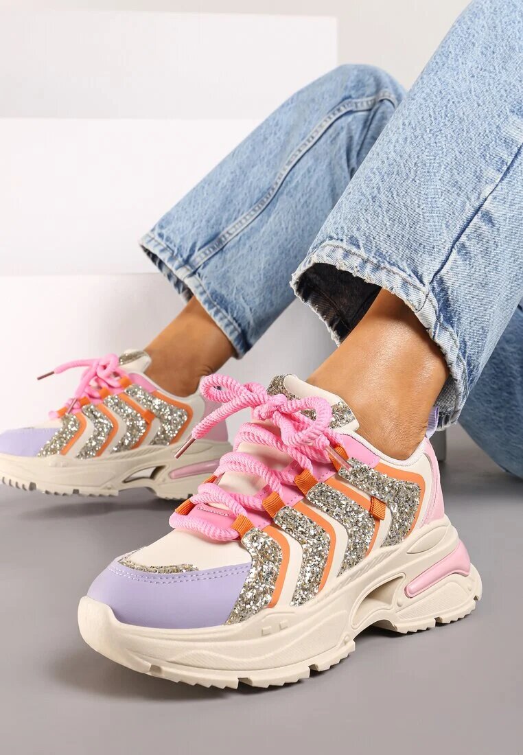  Adidași bej și violet cu șireturi cu platformă decorați cu sclipici Ewla
